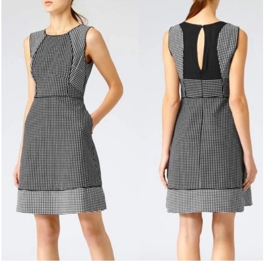 Reiss Checked Grid Pattern A Line Fit Flare Dress Black White sleeveless 4